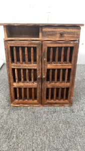 Vintage wooden hanging medicine cabinet, (two doors & one drawer)