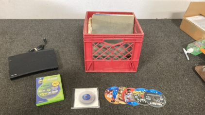 Samsung Blue ray player, PS4 CDs, music CD (no lies). Maxwell DVD, Vintage records.