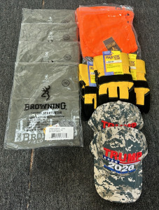 (4) New Browning " Field To Table" Military Green Size 3XL Shirts (2) New Browning Hotshot Florescent Orange Insulated Facemask (3) New Pairs Of Majestic Size M Lined Leather Work Gloves (2) New Trump 2020 Camo Baseball Caps