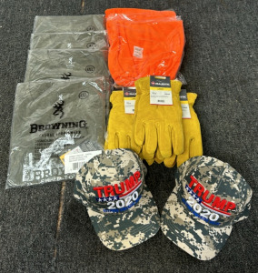 (2) New Browning " Field To Table" Military Green Size 4XL Shirts, (2) New Browning &ldquo;Field To Table&rdquo; Military Green Size M Shirts (2) New Browning Hotshot Florescent Orange Insulated Facemask (3) New Pairs Of Majestic Size L Lined Leather Work Gloves (2) 