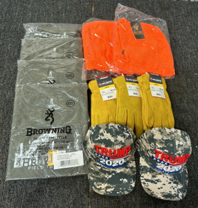 (2) New Browning " Field To Table" Military Green Size 4XL Shirts, (2) New Browning &ldquo;Field To Table&rdquo; Military Green Size XXL Shirts (2) New Browning Hotshot Florescent Orange Insulated Facemask (3) New Pairs Of Majestic Size M Lined Leather Work Gloves (2