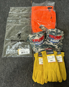 (4) New Browning " Field To Table" Military Green Size 3XL Shirts (2) New Browning Hotshot Florescent Orange Insulated Facemask (3) New Pairs Of Majestic Size M Lined Leather Work Gloves (2) New Trump 2020 Camo Baseball Caps