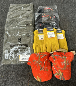 (4) New Browning " Field To Table" Military Green Size 3XL Shirts (2) New Browning Hotmocs Black Fleece Beanie (3) New Pairs Of Majestic Size M Lined Leather Work Gloves (2) New Realtree APC Orange Camo Hats