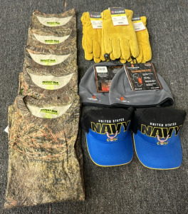 (5) Mossy Oak Pursuits XL Size Camo T Shirt, (3) Pairs Of Majestic Lined Large Work Gloves, (2) Grey Hotmocs Beanies W/ Handwarmers, (2) US Navy Baseball Caps