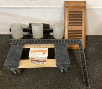 (2) Wood Vent Covers, Movers Dolly, Steel Angle Ruler, Wall Mount Three Bulb Light Fixture, Schluter Waterproofing Strip