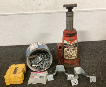 12 Ton Hydrolic Jack, Bucket W Screws & Nails, Metal Brackets, Empty Dewalt Tool Box