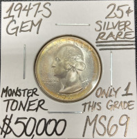 1947-S MS69 RARE Monster Toner Silver Washington Quarter - Only 1 This Grade