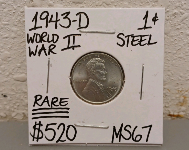 1943-D MS67 Rare WWII Steel Wheat Penny