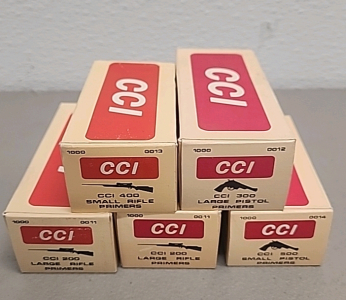 (2) Boxes Of (1000) CCI 200 Large Rifle Primers (1) Box Of (1000) CCI 500 Small Pistol Primers (1) Box Of (1000) CCI 300 Large Pistol Primers (1) Box Of (1000) CCI 400 Small Rifle Primers