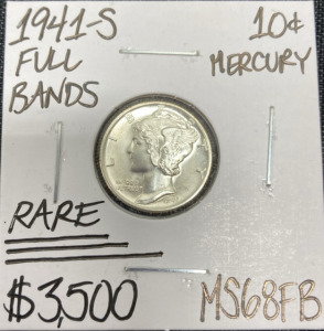 1941-S MS68FB RARE Full Bands Mercury Dime