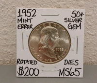 1952 MS65 Mint Error Silver Gem 1/2 Dollar