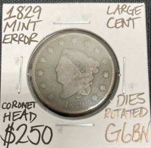 1829 G6BN Mint Error Coronet Head Large Cent