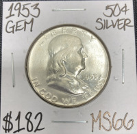 1953 MS66 Gem Silver Franklin Half Dollar