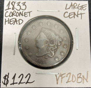 1833 VF20BN Coronet Head Large Cent