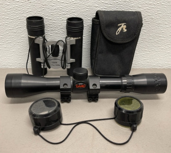 (1) Gamo Rifle Scope, (1) Pair 12X25 77m/1000m Binoculars W/ Case