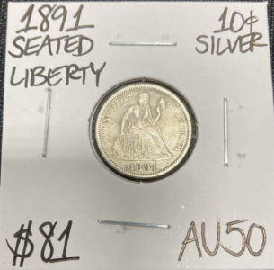 1891 AU50 Seated Liberty Silver Dime