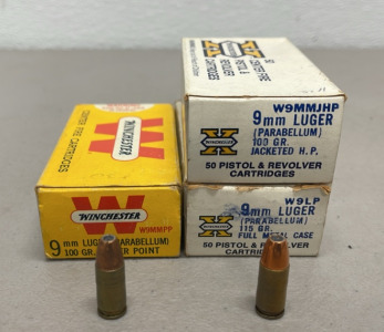 (100) Rounds Winchester 9mm Luger 100 Grain FMJ Ammunition Cartridges, (50) Rounds Winchester 9mm 100 Grain Lower Point Ammunition Cartridges