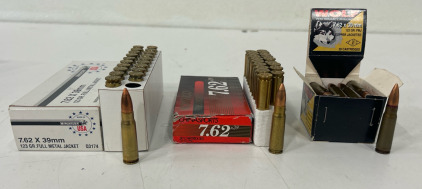 (1) Box Of Winchester 7.62x39mm Ammunition Cartridges (123 Gr. Full Metal Jacket) (1) Box Of Norinco China Sport 7.62x39 Ammunition Cartridges (122 Gr. FMJ) (1) Box Of Wolf 7.62x39mm Ammunition Cartridges (122 Gr. FMJ Copper Jacketed)