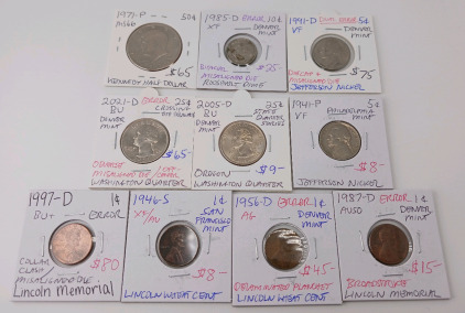 (1) 1971 Half Dollar (1) 1985 Dime (2) Nickels (2) Quarters (4) Pennies