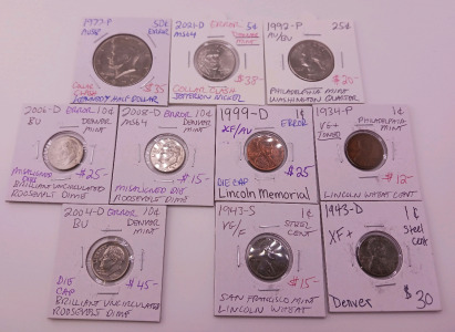 Collectible Coins (1) Kennedy Half Dollar (1) 2021 Error Nickel (1) 1992 Quarter (3) Dimes 2004-2008 (4) Pennies