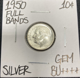 1950 Gem BU++++ Full Bands Silver Roosevelt Dime