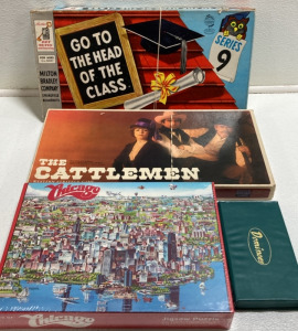 (2) Vintage Board Games, (1) City of Chicago Puzzle - Unopened, (1) Set of Dominos
