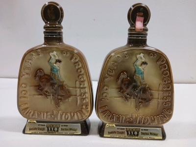 (2) Jim Beam Laramie Wyoming Centennial Cowboy Rodeo Bucking Horse Decanter (Empty)