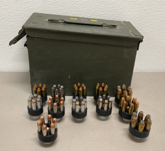 (9) .357 Revolver Speedloaders W/ (54) Rounds Of .357 Ammunition Cartridges, (3) .44 Revolver Speedloaders W/ 18 Rounds Of .44 Mag Ammunition Cartridges, And One Metal Ammunition Box