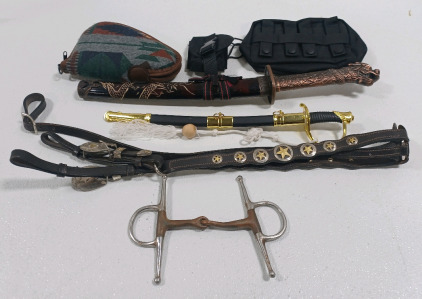 (3) Pistol Pouches (1) Decorative Katana Sword (1) Decorative Saber Sword (2) Piece Vintage Horse Tacks