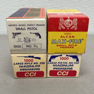 (1000) CCI Large Rifle No. 250 Magnum Primers, (1000) CCI Large Pistol No. 350 Primers, (1000) Herter’s Small Pistol Primers, (1000) Alcan Max-Fire Small Rifle Primers