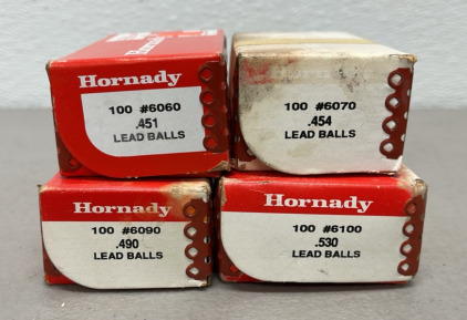 (400) Total Hornady Lead Balls…100 .451 Diameter, 100 .454 Diameter, 100 .490 Diameter, 100 .530 Diameter