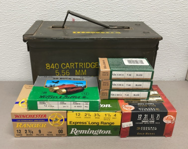 (100) 12 Gauge 2-3/4” Shotgun Shells…. Winchester, Federal, Remington, Lellier And Bellot Brands And One Metal Ammunition Box