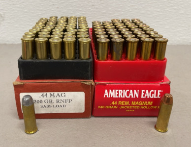 (50) Rounds Ten X 44 200 Grain Sass Load Ammunition Cartridges (39) Rounds American Eagle 44Rem. Mag. 240 Grains JHP