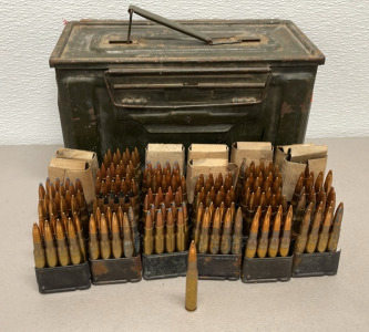 (190) Rounds Of 30-06 In 30 Magazine Clips W/ (1) Metal Ammunition Box