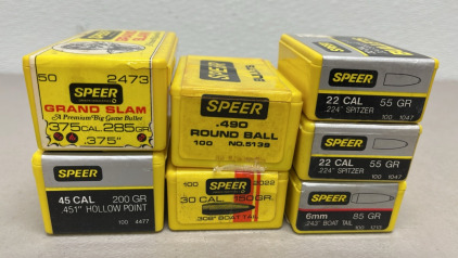 (200) Speer 22 Caliber .224 Spitzer 55 Grain, (100) Speer 6mm .243” Boat Tail 85 Grain, (100) Speer 30 Caliber .308” Boat Tail 150 Grain, (20) .490 Round Ball, (100) Speer 45 Caliber .451” Hollow Point 200 Grain….. Bullets For Reloading