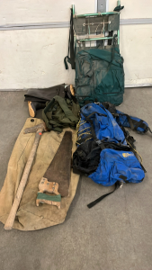Military Duffle Bag. Mini Military Pack, 2 Hiking Packs, Hope Wading Boots Size 12, Axe, 26&rdquo;Handsaw
