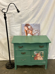 Vintage Dresser w/ Small Built-In Cabinet (32”x18”x28”), Sheppards Hook Style Floor Lamp & Praying Angel Small Canvas (18”x12”)