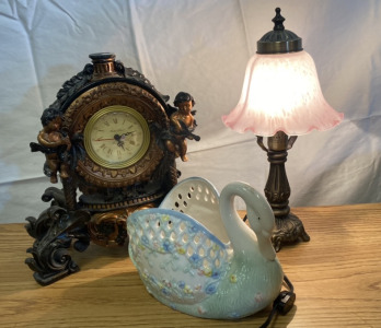 Angel Richard Ward Clock, Pink Tulip Lamp, Swan Vase