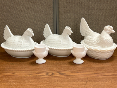 Vintage Milk Glass Nesting Hen Dishes (3) & Vintage Milk Glass Hen Egg Cups (2)