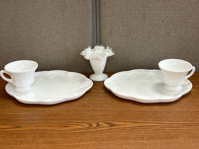 Vintage Milk Glass Snack Plates w/ Cups (2 Sets) & Small Ruffle Vase