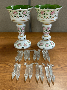 (2) Spermaceti Candle Holders (12”H/7.5” Diameter) w/ (16) Hanging Crystals