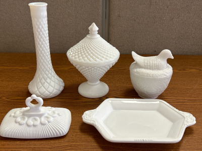 Vintage Milk Glass Narrow Vase, Hobnail Dish w/ Lid, Tray For Cream & Sugar (No Cream/Sugar Dishes), Butter Dish Lid (No Plate) & Avon Milk Glass Bird On Nest Dish w/ Lid