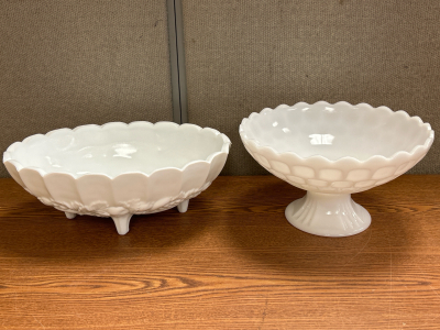 Vintage Milk Glass Footed Fruit Bowl & Pedestal Bowl