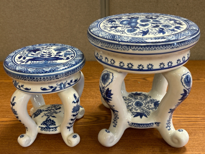 (2) Vintage Blue & White Porcelain Plant Stands (8.5”H/8” Diameter & 6.5”H/5.5” Diameter)