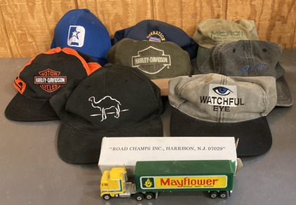 Eight Hats Including (2) Harley Davidson, (2) Micron Tech, (1) Operation Desert Storm Troops Hat, Watchful Eye & More, (1) Road Champs Inc., Harrison N.J. 07029 Mayflower World Wide Moving Truck Model