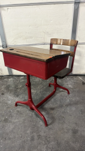 OLD WOOD SCHOOL DESK W/ RED METAL