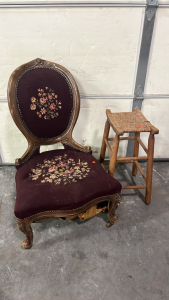 VINTAGE NEEDLE POINT CHAIR W/ STOOL/ STAND