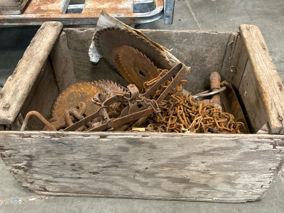 WOOD CRATE WITH OLD SAW BLADES, CRITTER TRAP WITH CHAIN, TORQUE WRENCH AND MORE