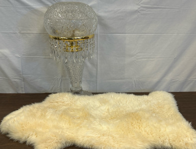 Large Antique Hand-Cut Crystal Table Lamp w/ Brass Fittings & Genuine Lambskin