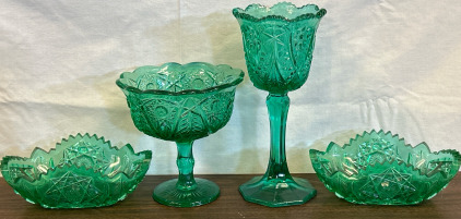 Vintage Translucent Green Decorative Dishes w/ Very Intricate Designs